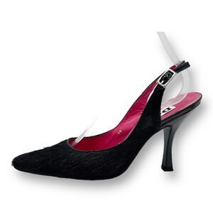 DUNE LONDON Black Calf’s Hair Pointed Toe Slingback Sculptural Heels Sz 8.5 US